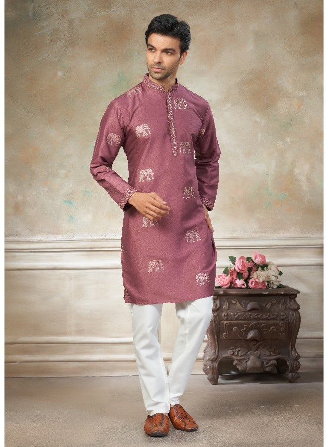 OUTLUK Pink Embroidered Kurta with Cotton Pajama for Men - Image 3